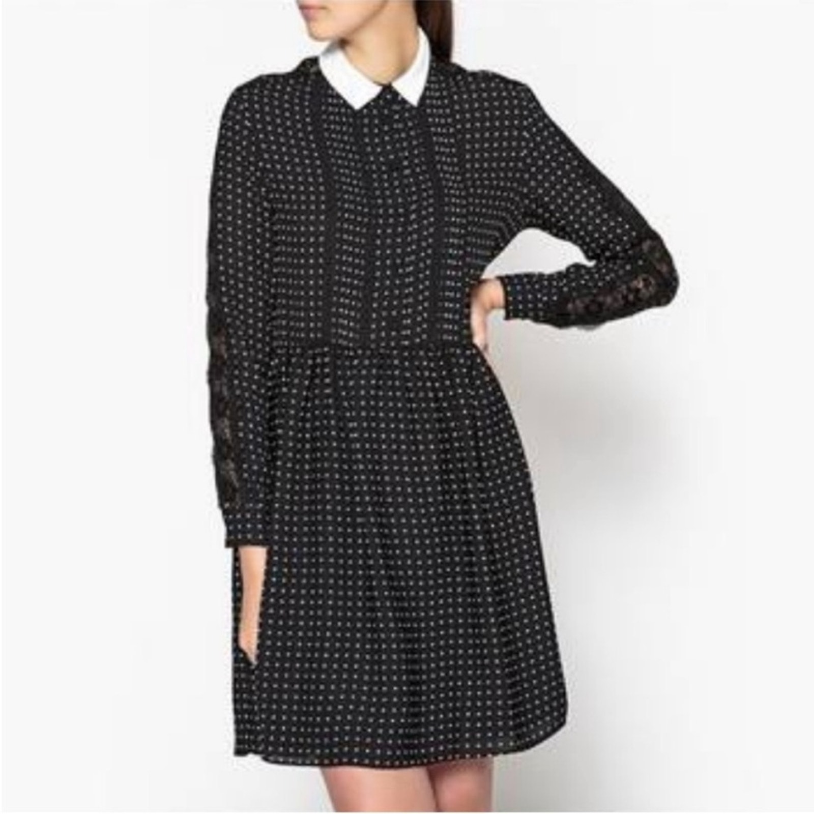 The Kooples Peter Pan Collar Black Polka Dot “Wednesday” Dress Size Small